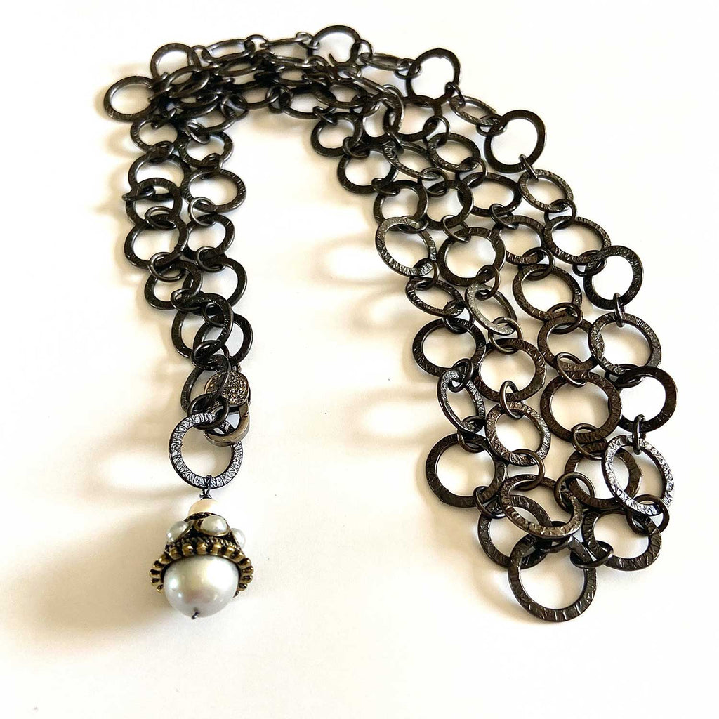 Oxidized Silver and Cultured Pearl adjustable Necklace