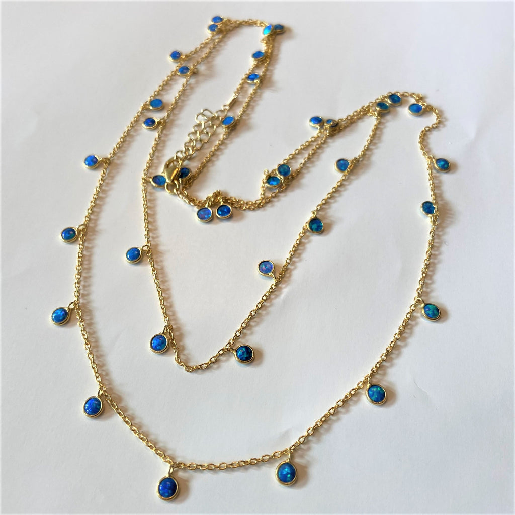 Blue Opal Round Droplet 18 K Gold Filled Necklace