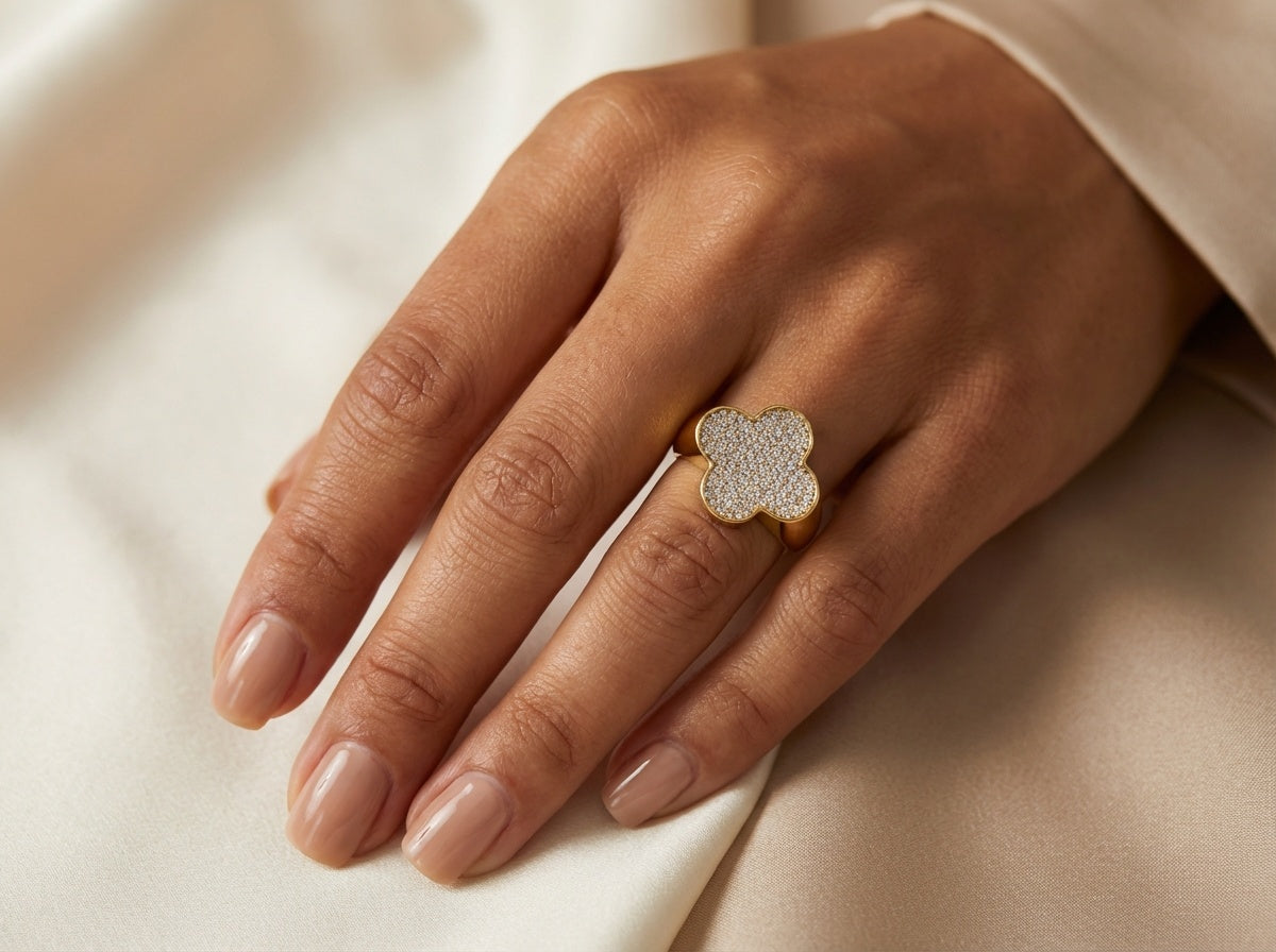Clover Luxe Gold & Crystal Quatrefoil Adjustable Ring
