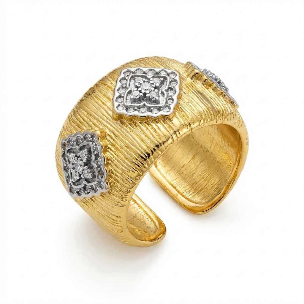 Golden Empress Textured Band Ring with Simulated Diamonds