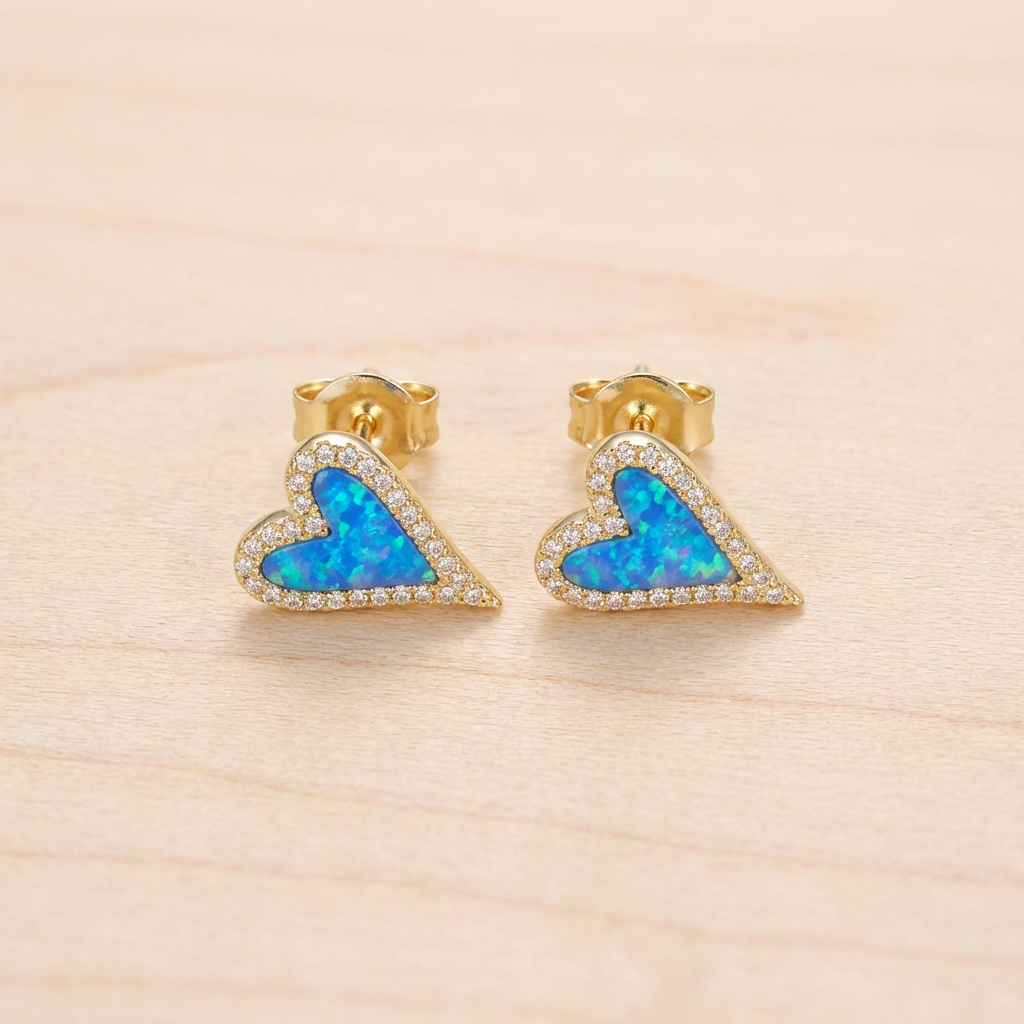 Ethiopian Blue Opal Heart Stud Earrings