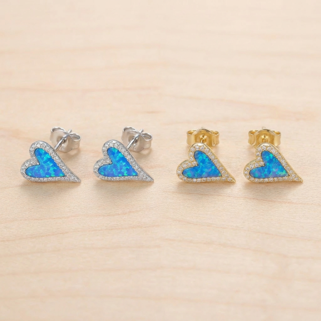 Ethiopian Blue Opal Heart Stud Earrings