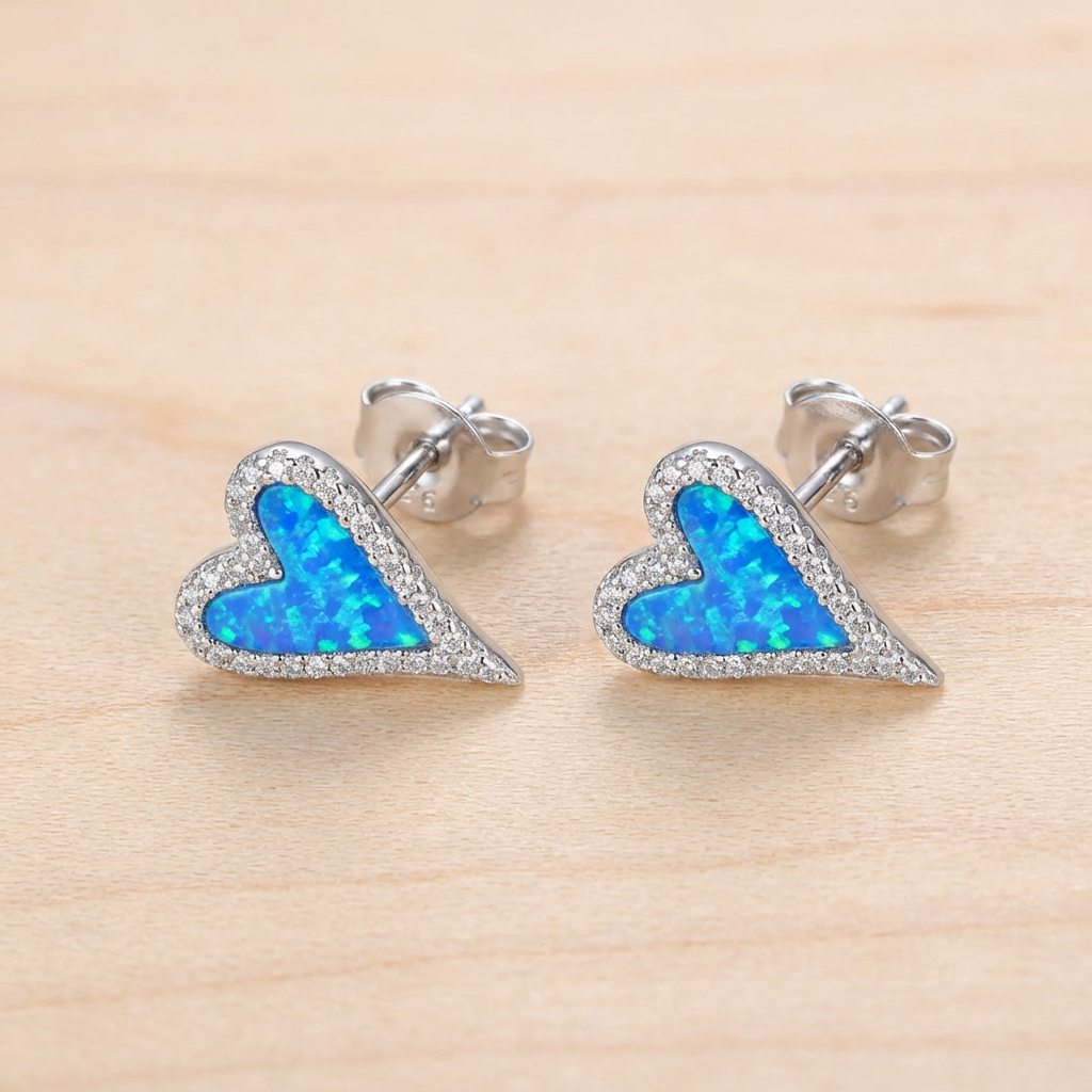 Ethiopian Blue Opal Heart Stud Earrings