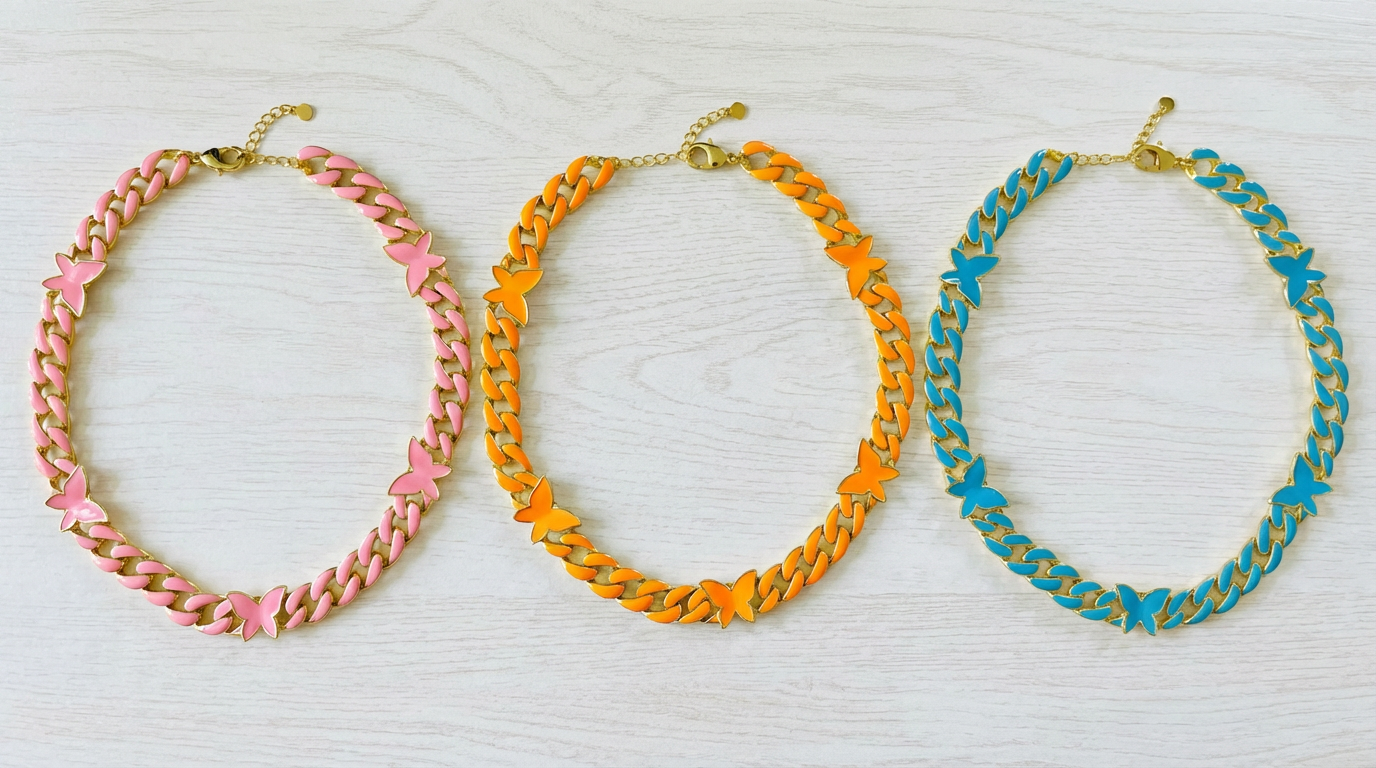 Flutter Enamel Butterfly Cuban Link Chain Necklace
