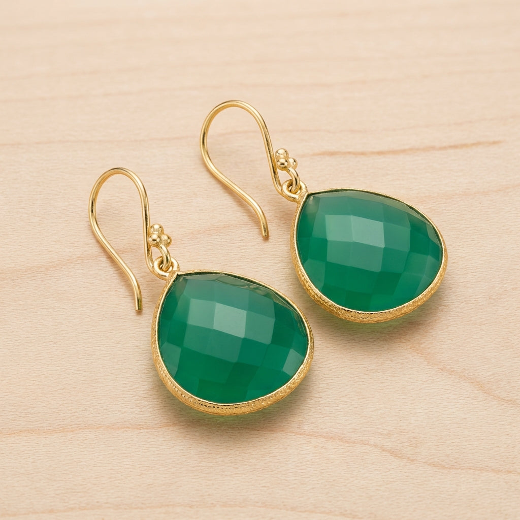 Emerald Green Chalcedony Teardrop Drop Earrings
