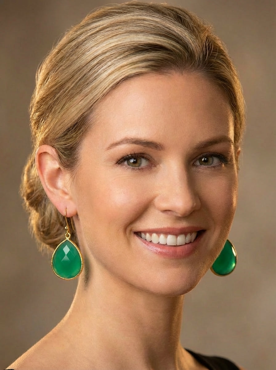 Emerald Green Chalcedony Teardrop Drop Earrings