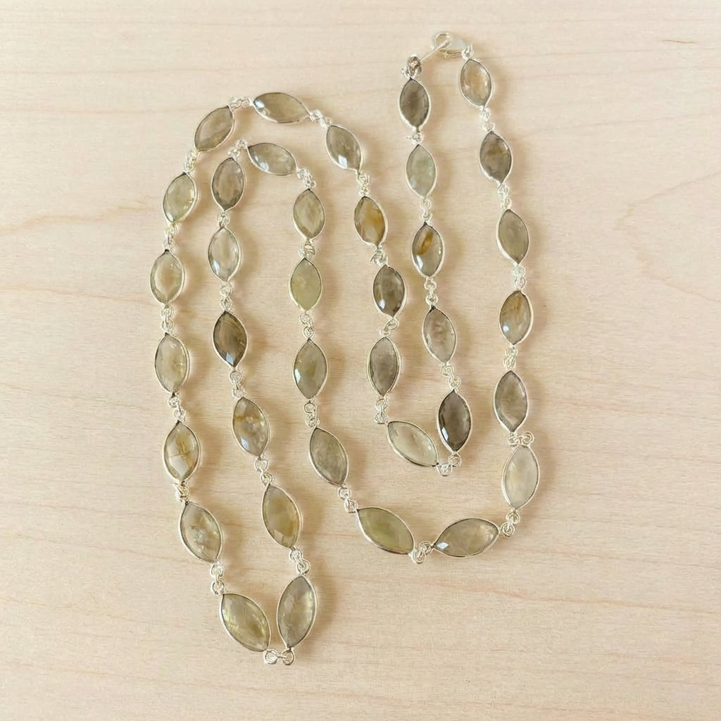 Champagne Quartz Opera Necklace | Marquise Bezel Station | Sterling Silver | 36 Inches