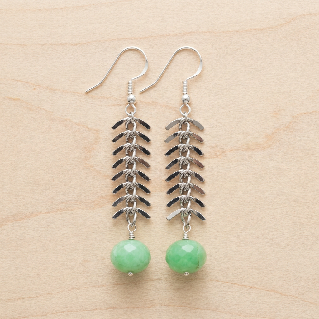 Chrysoprase & Fishbone Chain Drop Earrings