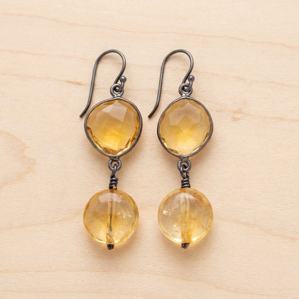 Citrine & Oxidized Silver Double Drop Earrings