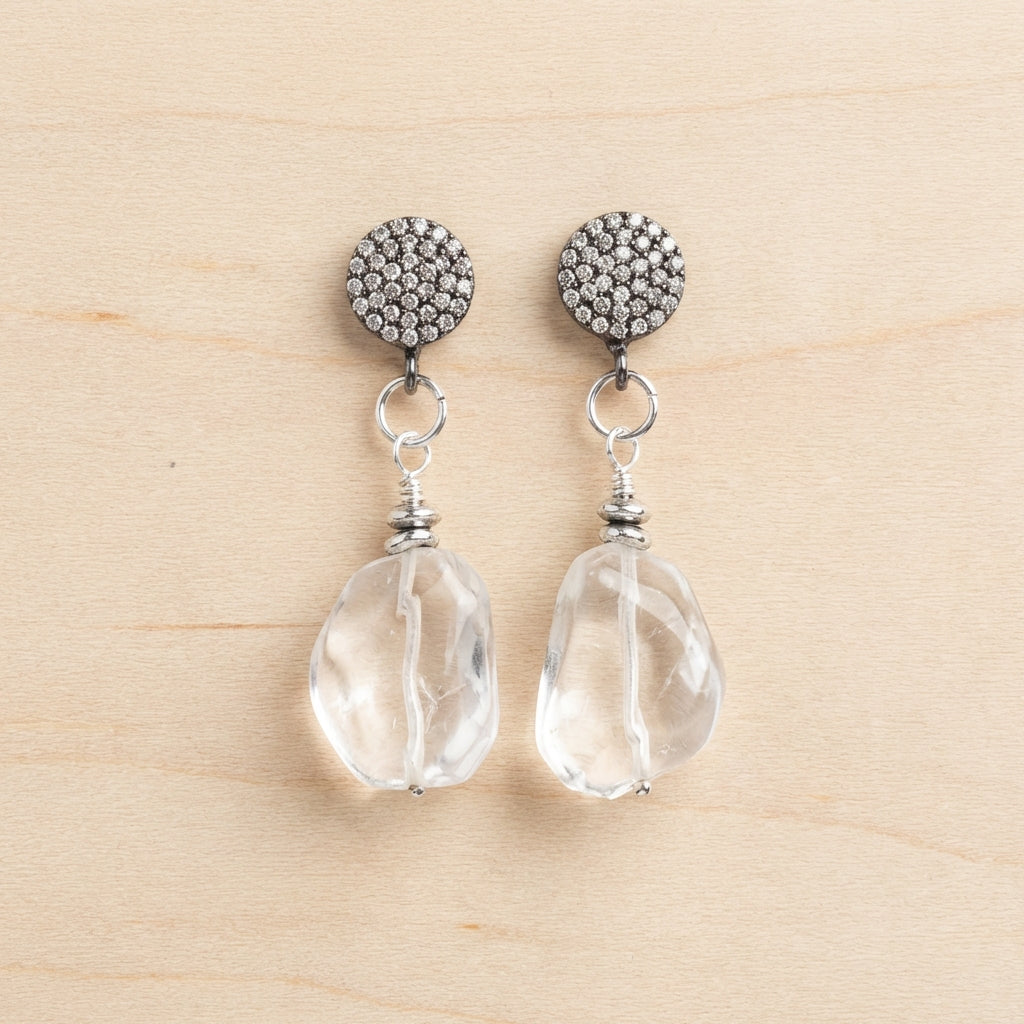 Clear Quartz Crystal Nugget Drop Earrings