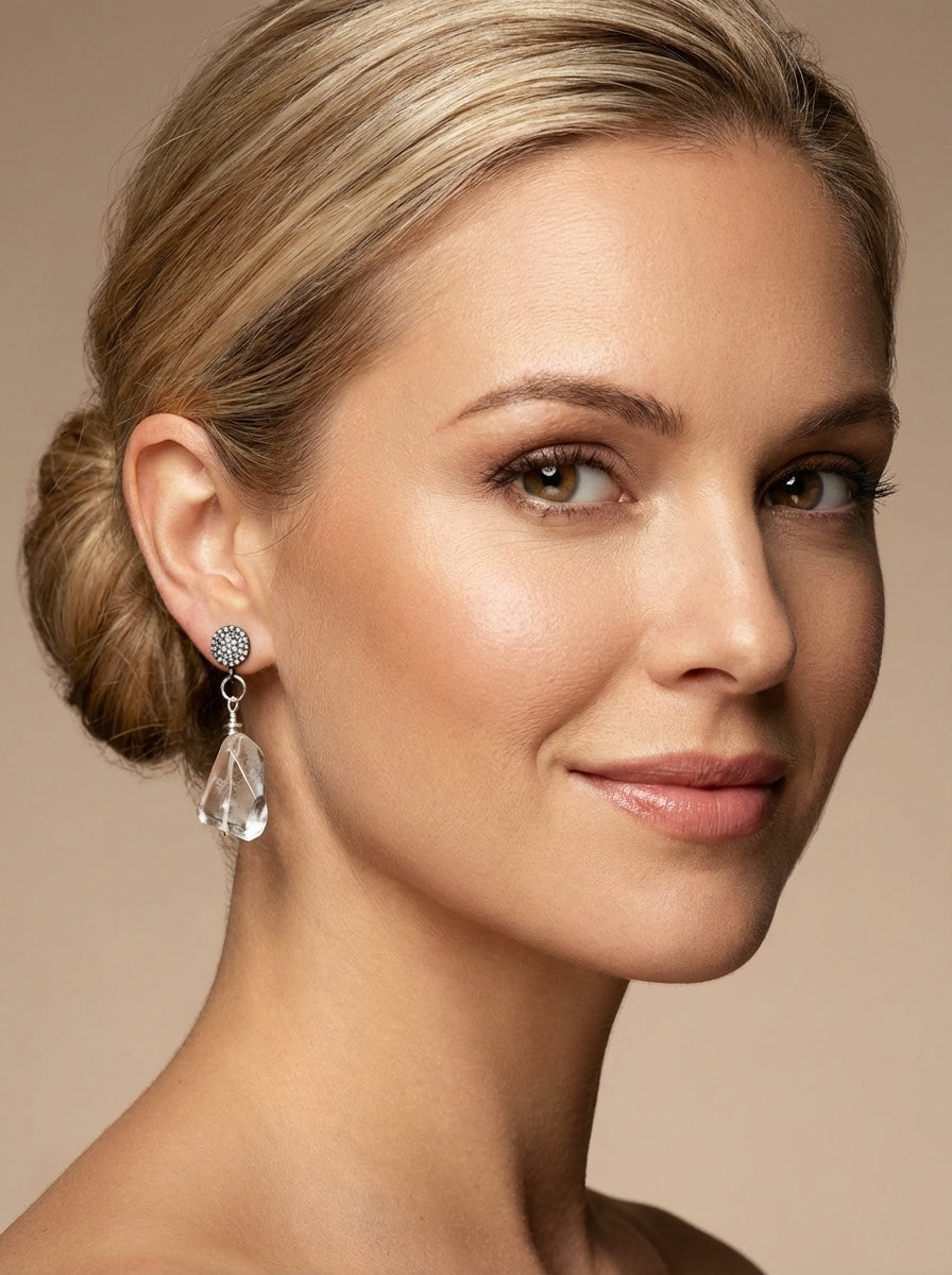 Clear Quartz Crystal Nugget Drop Earrings