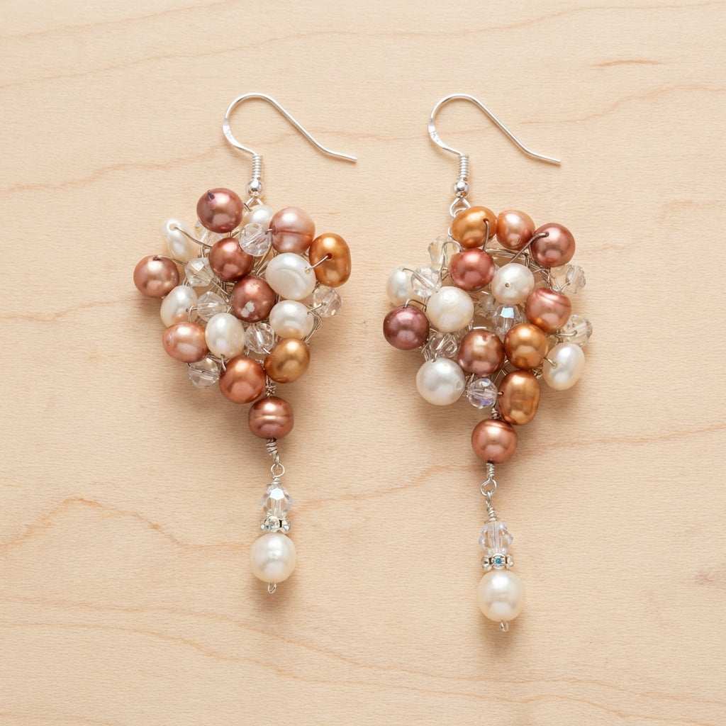 Copper & Cream Pearl Bouquet Drop Earrings