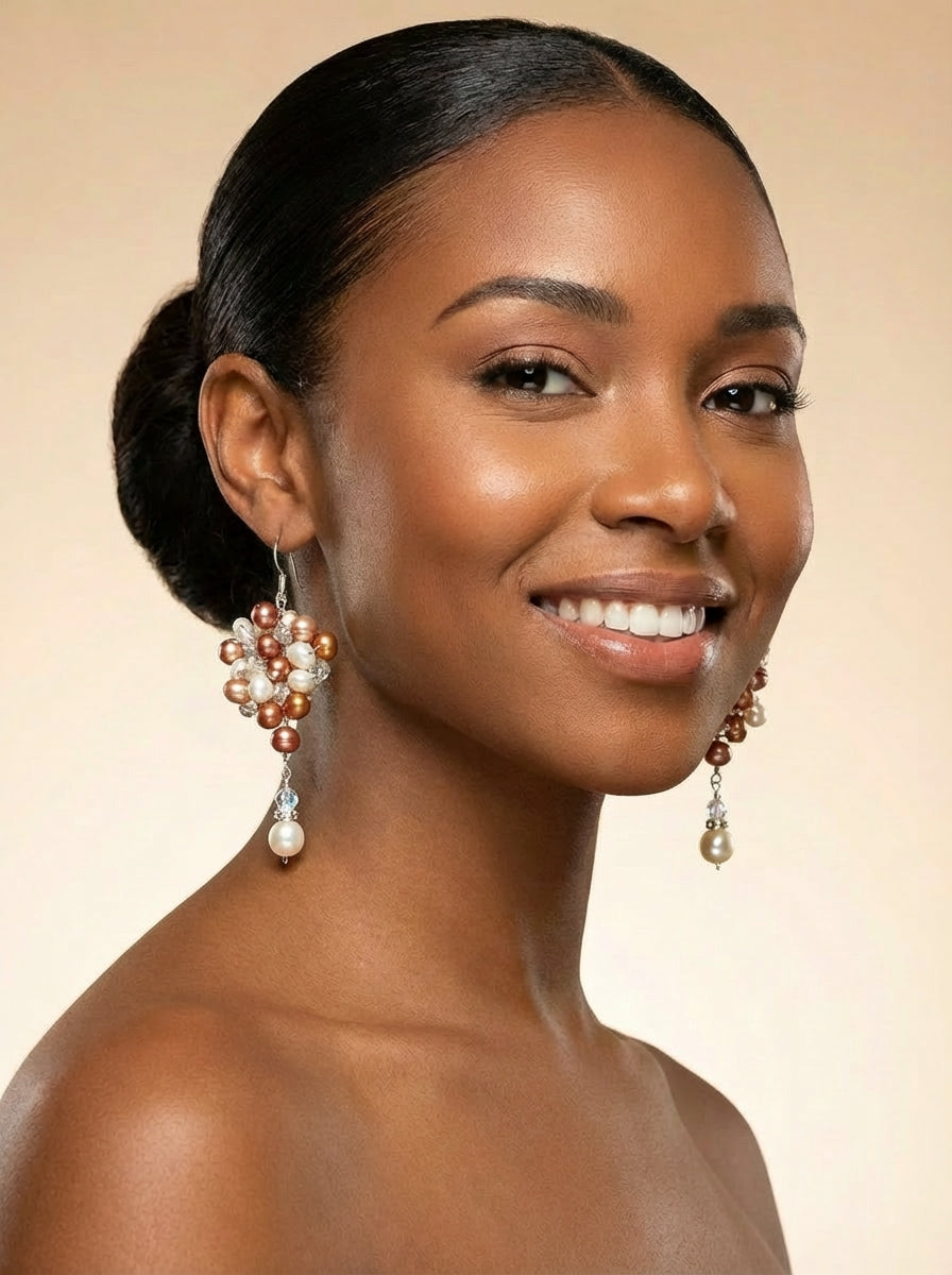 Copper & Cream Pearl Bouquet Drop Earrings