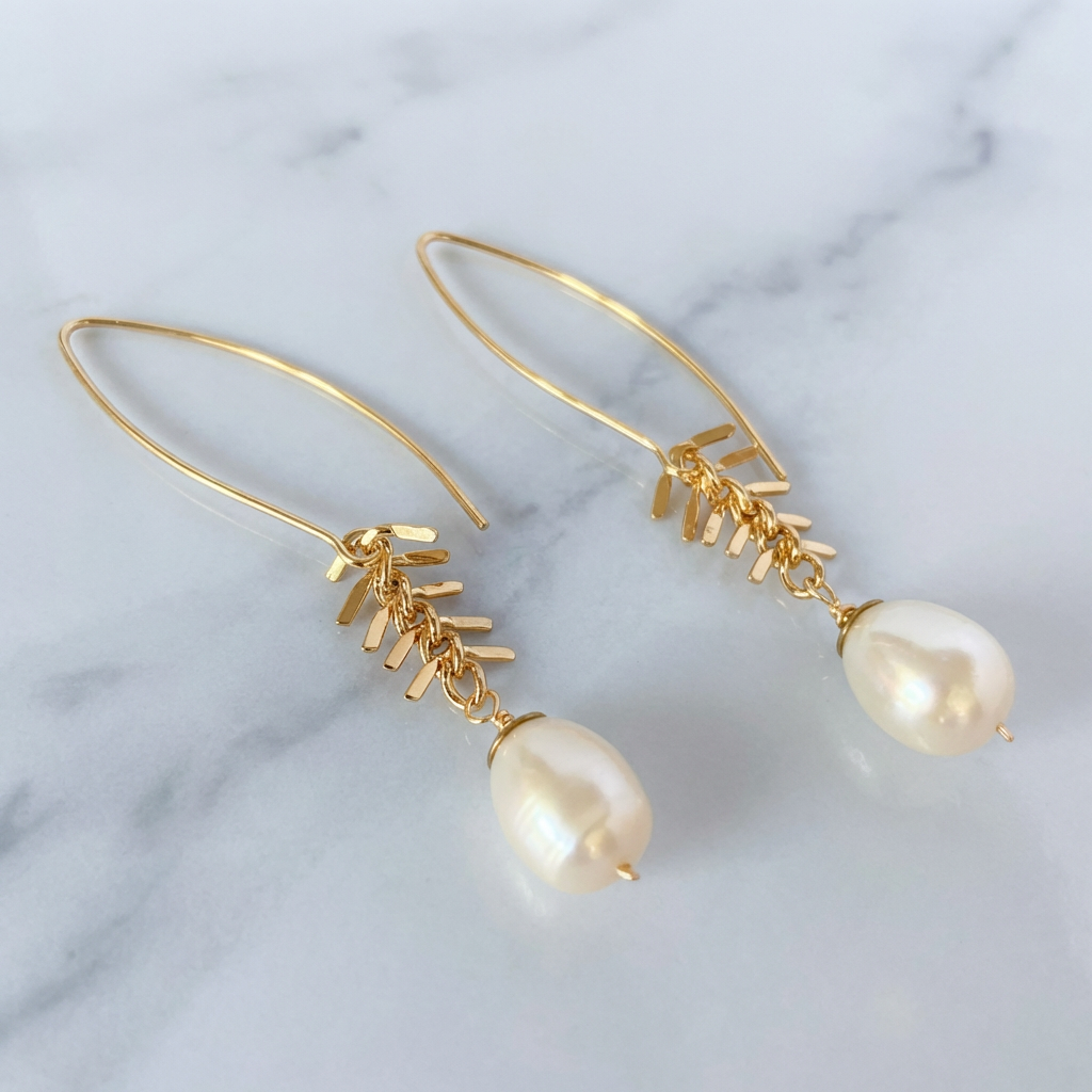 Chevron Laurel Herringbone Chain & Cultured Pearl Drop Earrings