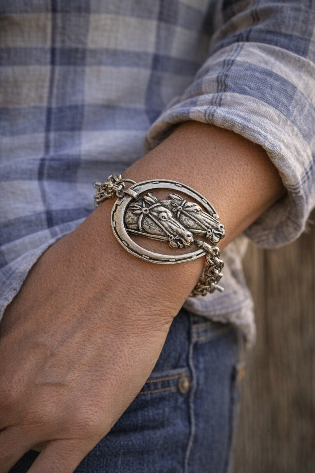 Gallop Double Horse Head Horseshoe Medallion Bracelet