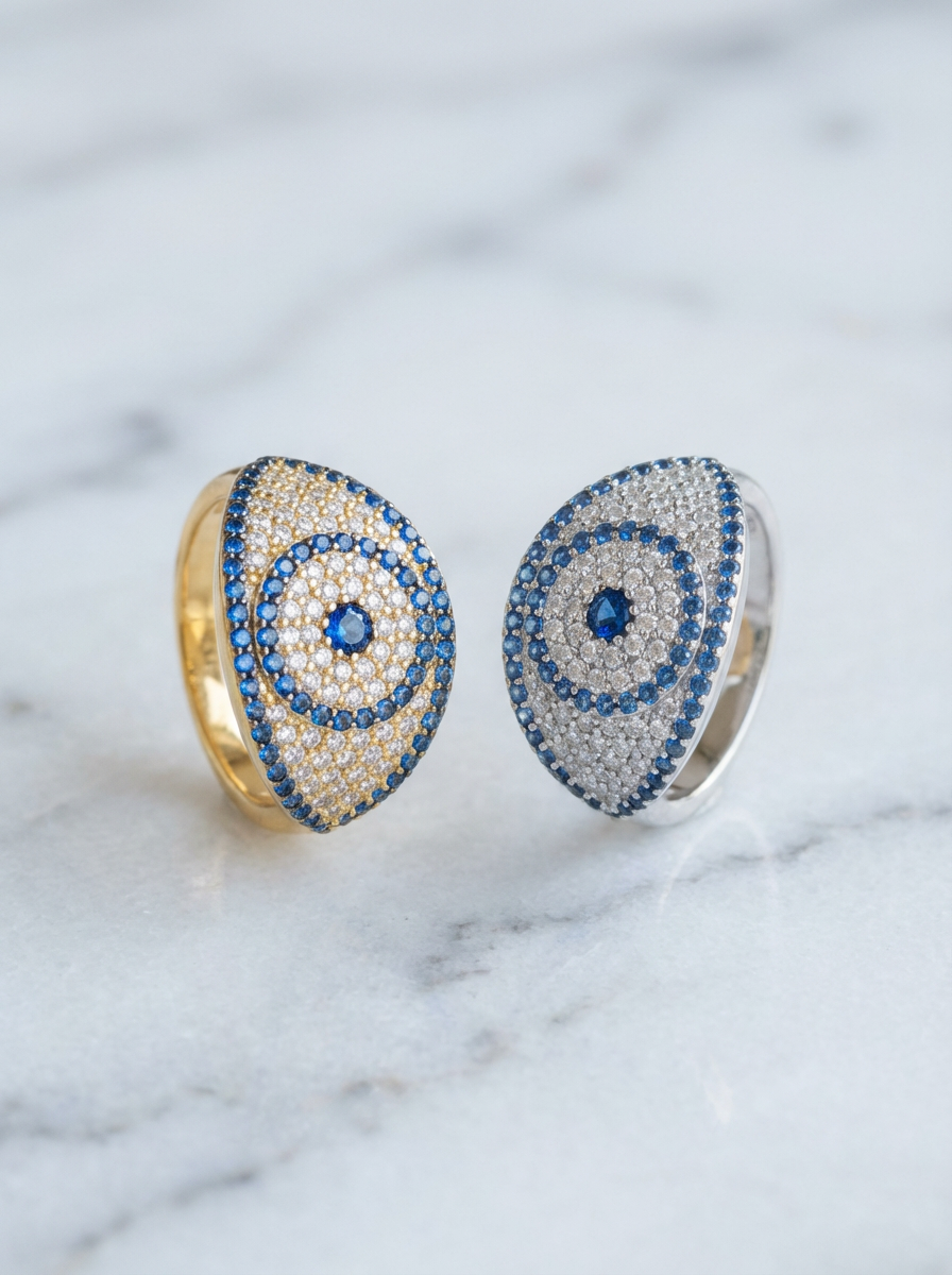 Nazar Blue Topaz Evil Eye Teardrop Dome Ring
