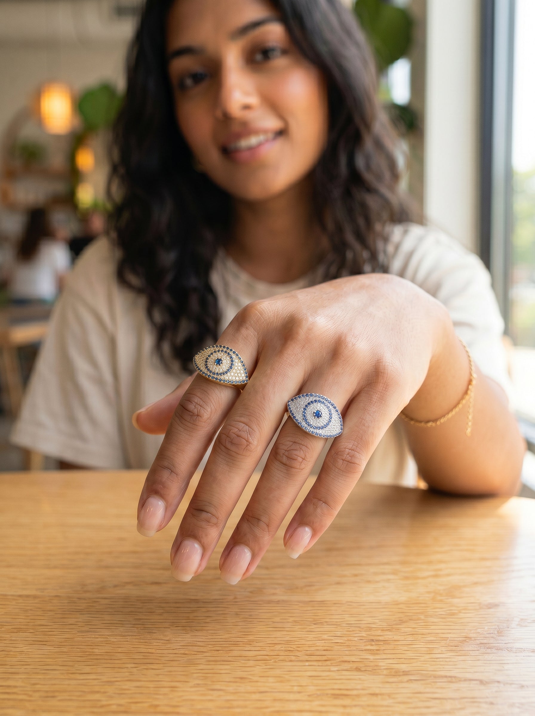 Nazar Blue Topaz Evil Eye Teardrop Dome Ring