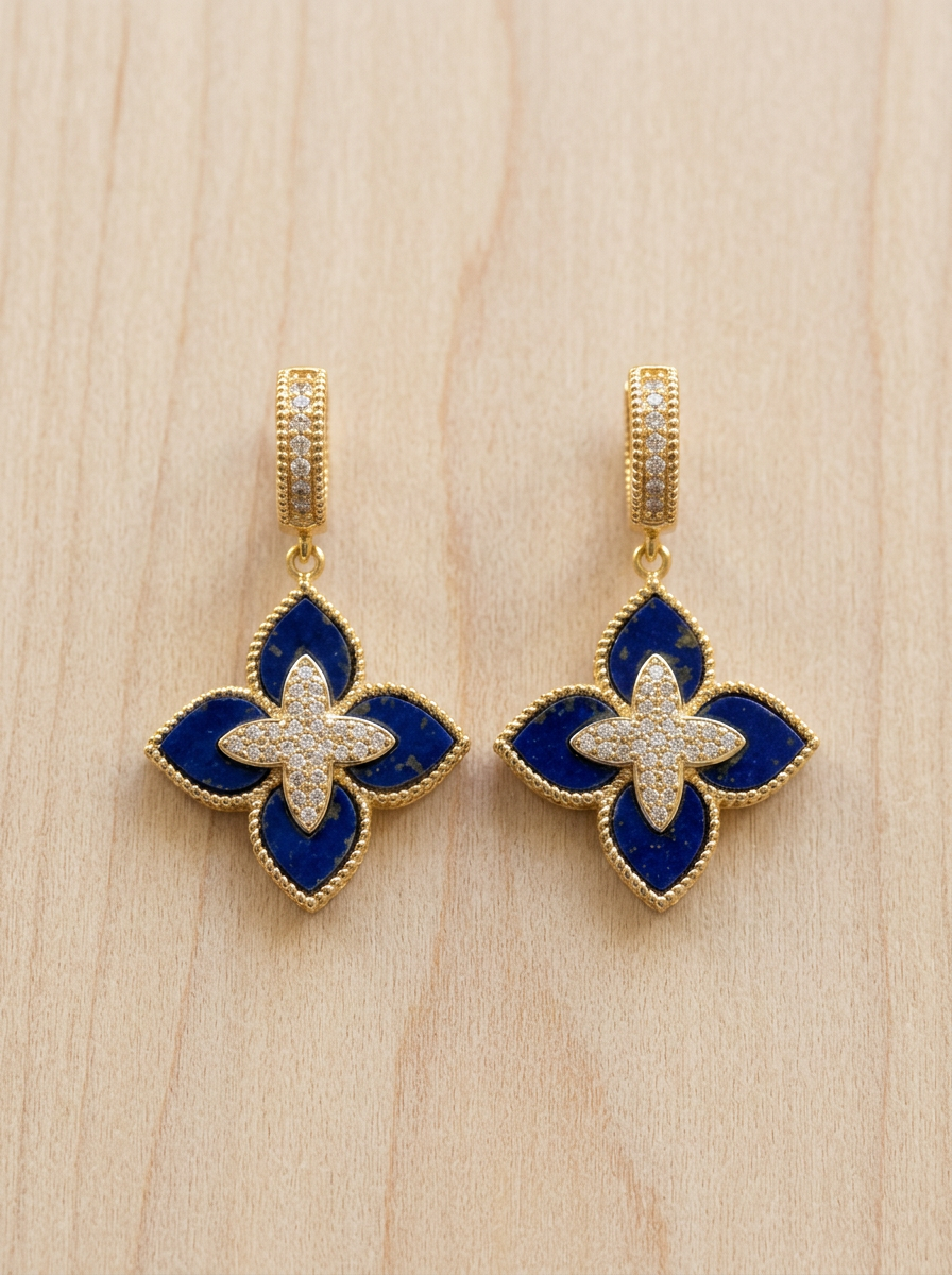 Fleur Lapis Grande Quatrefoil Drop Huggie Earrings