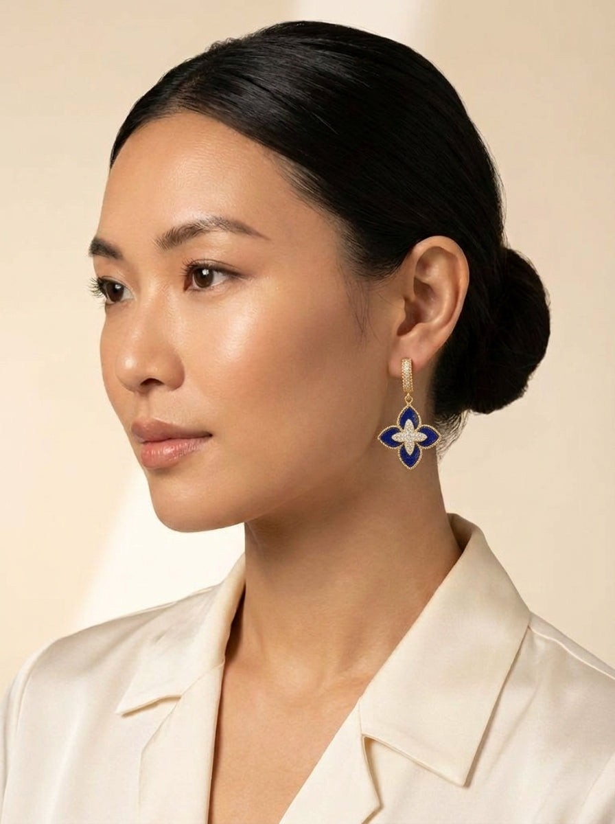 Fleur Lapis Grande Quatrefoil Drop Huggie Earrings