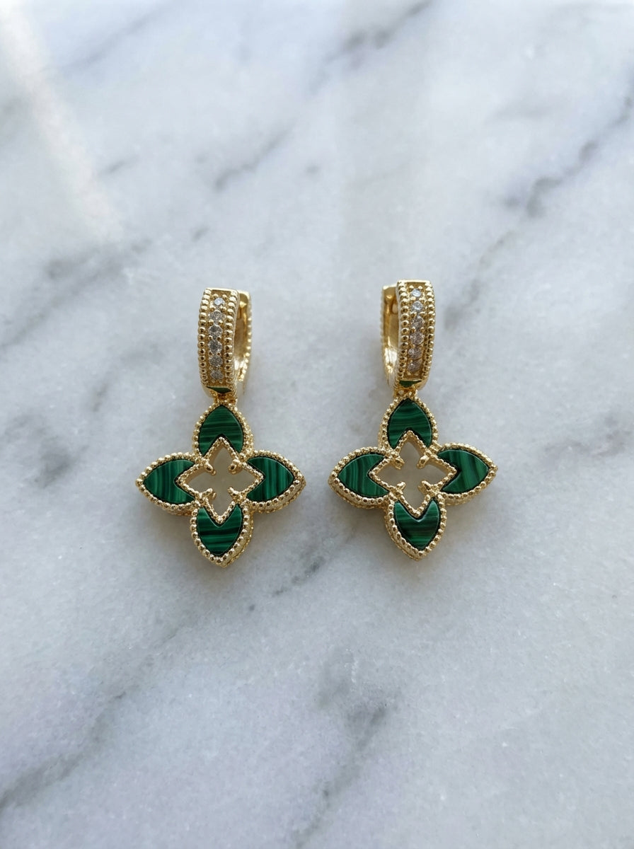 Fleur Vert Malachite Petite Quatrefoil Drop Huggie Earrings