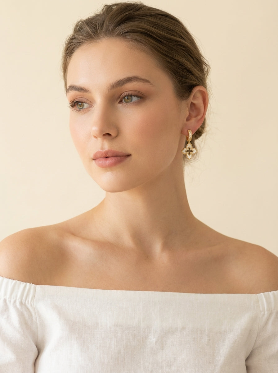 Fleur Mother of Pearl Petite Quatrefoil Drop Huggie Earrings