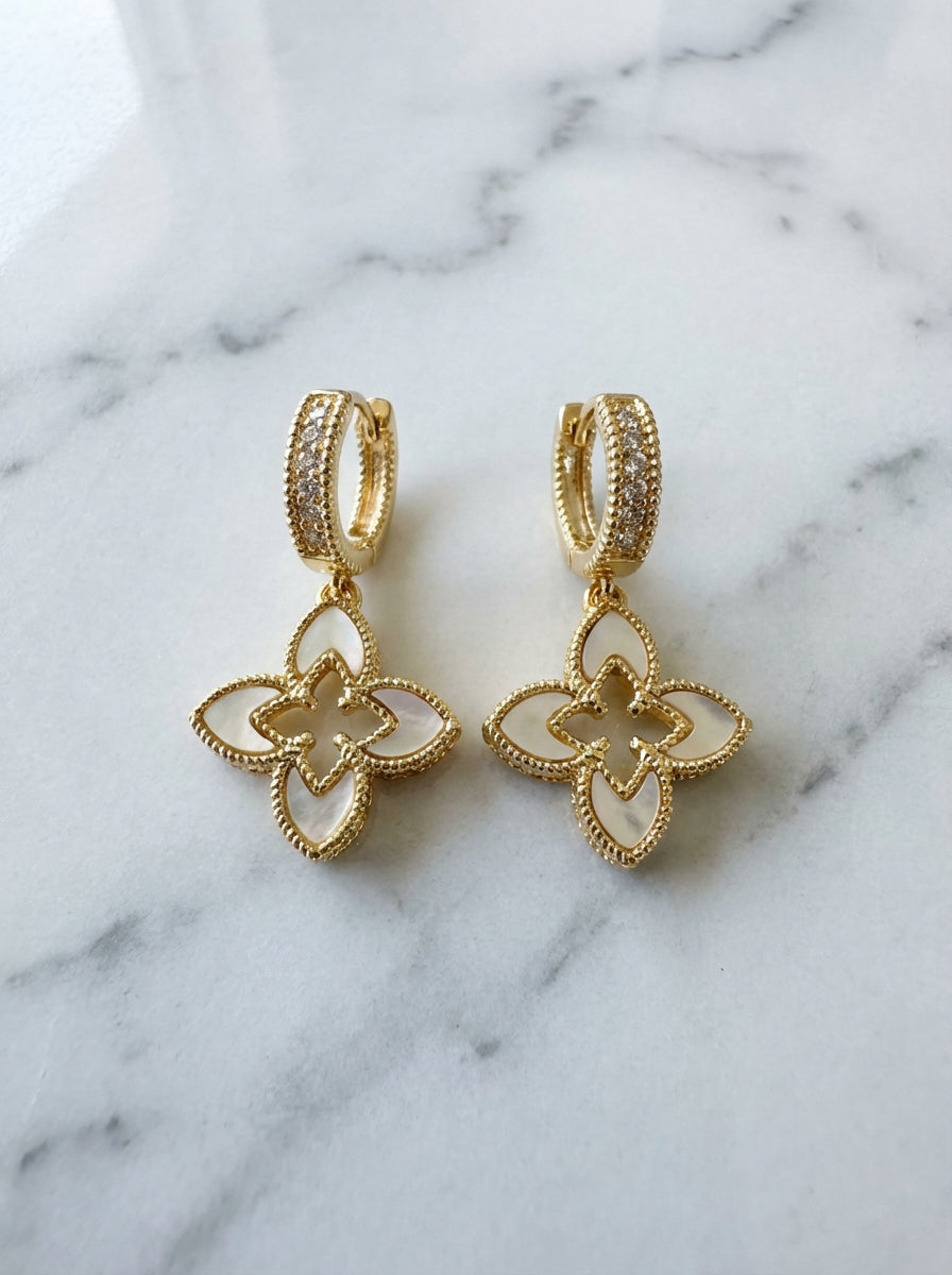 Fleur Mother of Pearl Petite Quatrefoil Drop Huggie Earrings