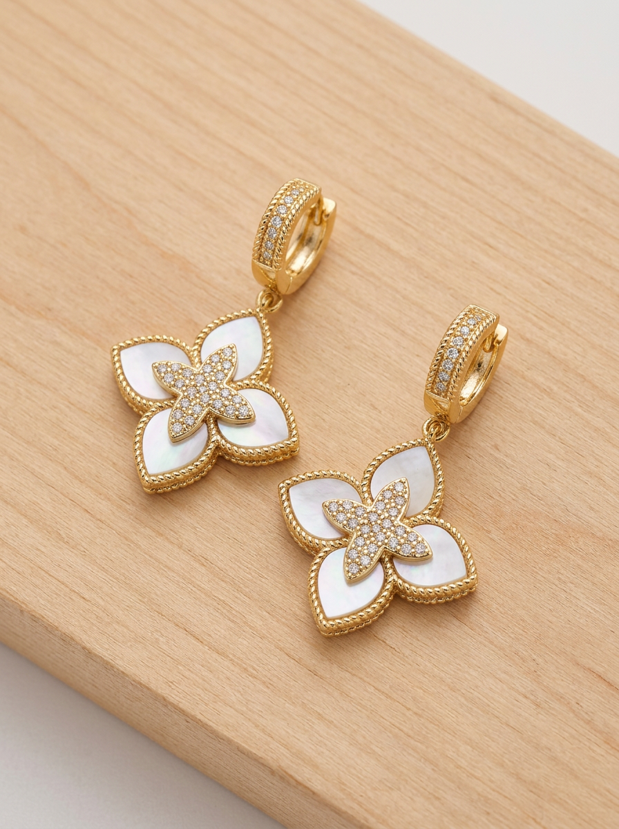 Fleur Nacre Grande Mother of Pearl & Simulated Diamond Quatrefoil Drop Huggie Earrings