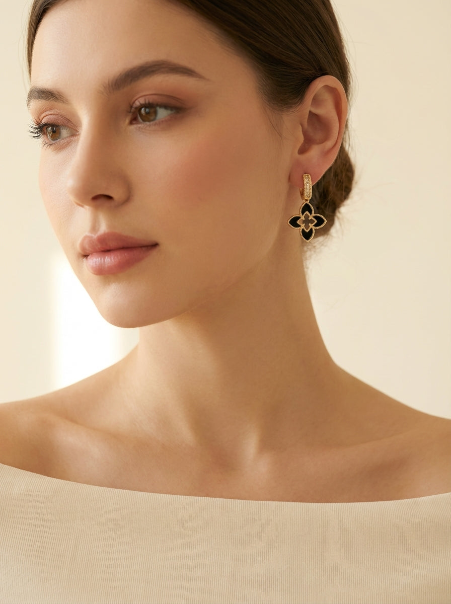Fleur Noir Petite Quatrefoil Drop Huggie Earrings