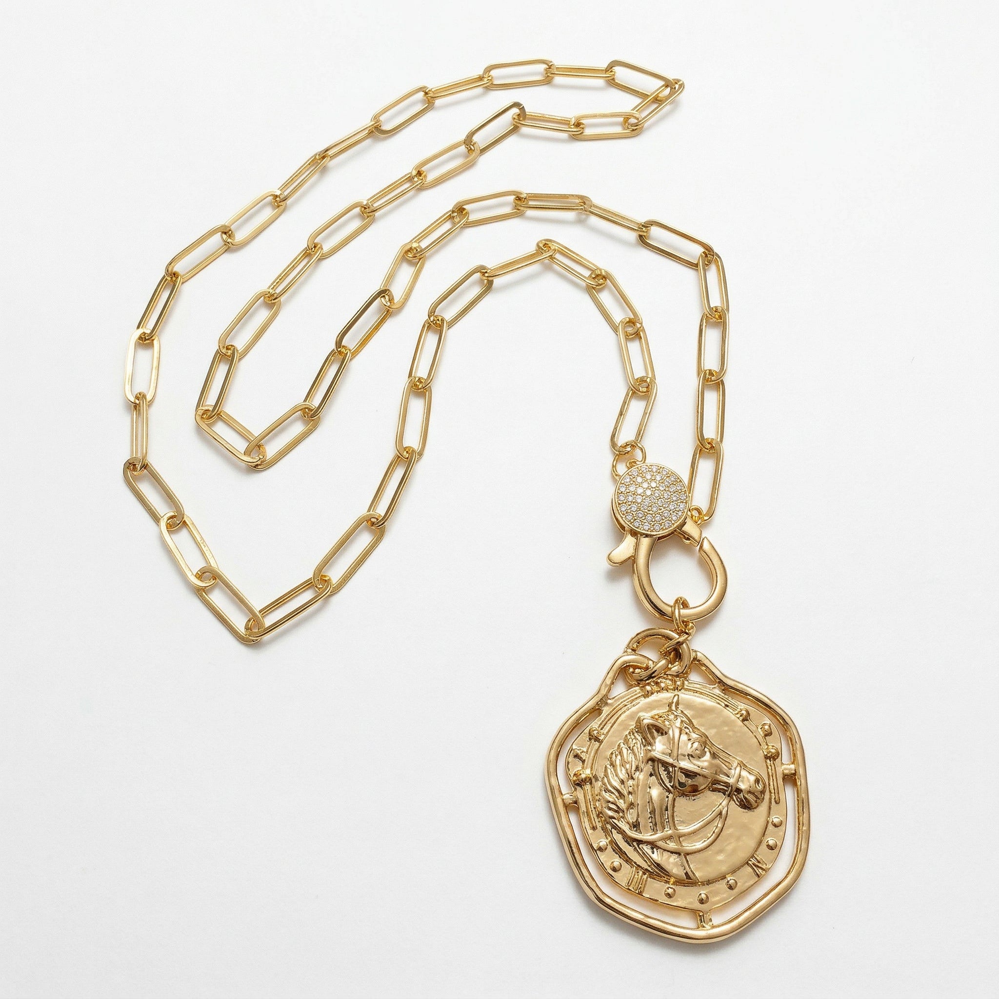 Equestrian Medallion Pavé Link Necklace