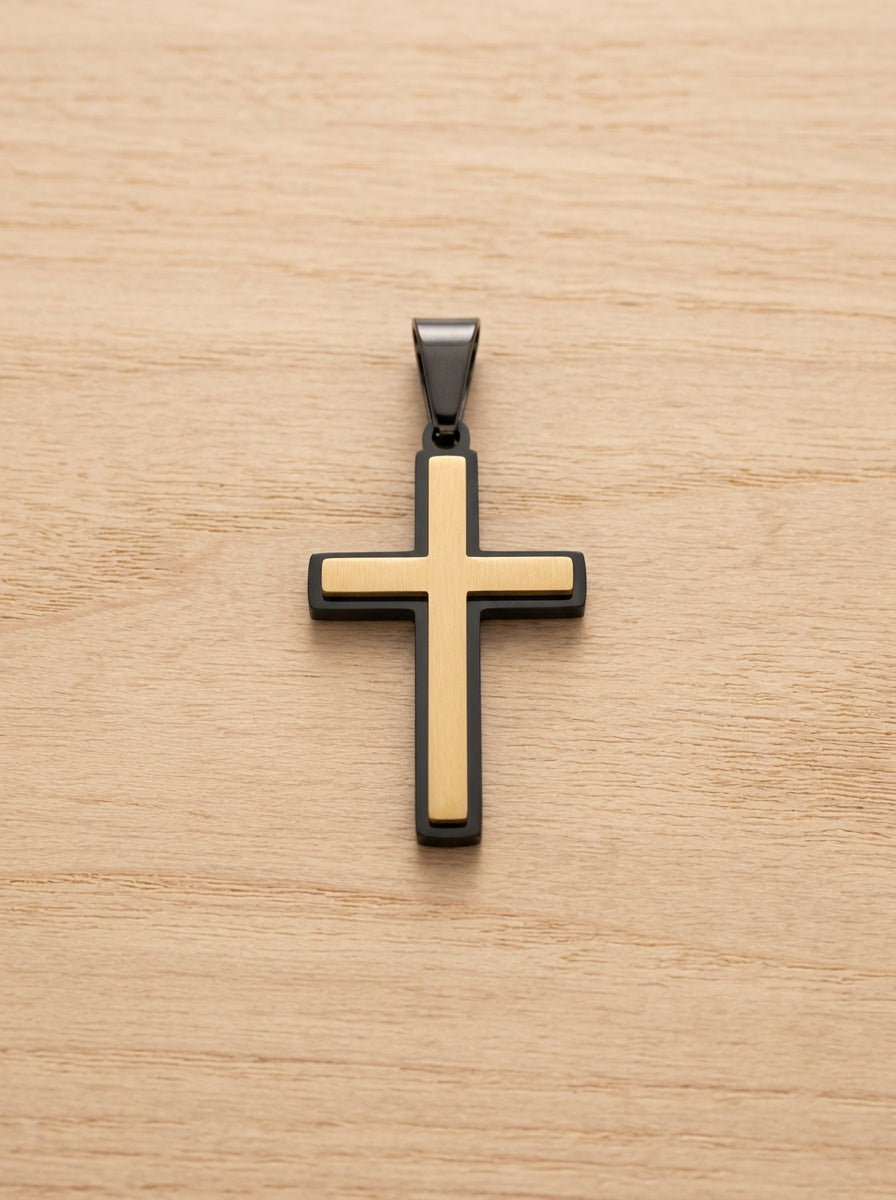 Sanctus Two-Tone Bold Cross Pendant | Black Stainless Steel with 20K Gold or Rhodium Inlay