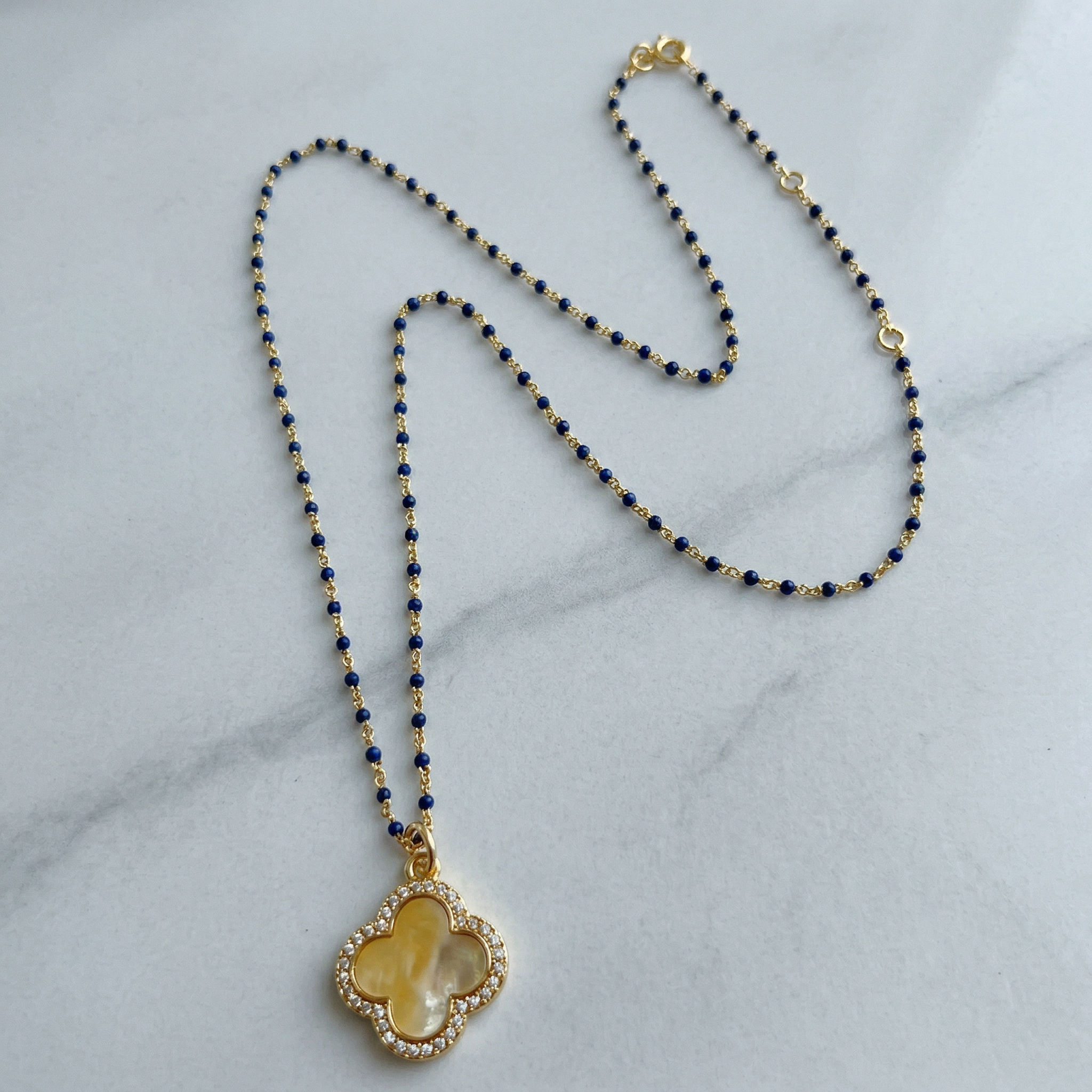 Lapis Lazuli & Gold Filled Necklace with Removable Mother-of-Pearl Pendant