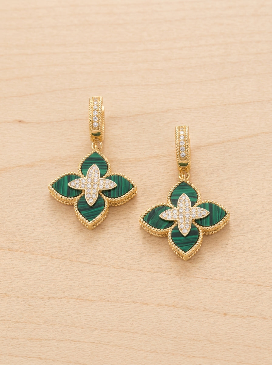 Fleur Vert Malachite Grande Quatrefoil Drop Huggie Earrings