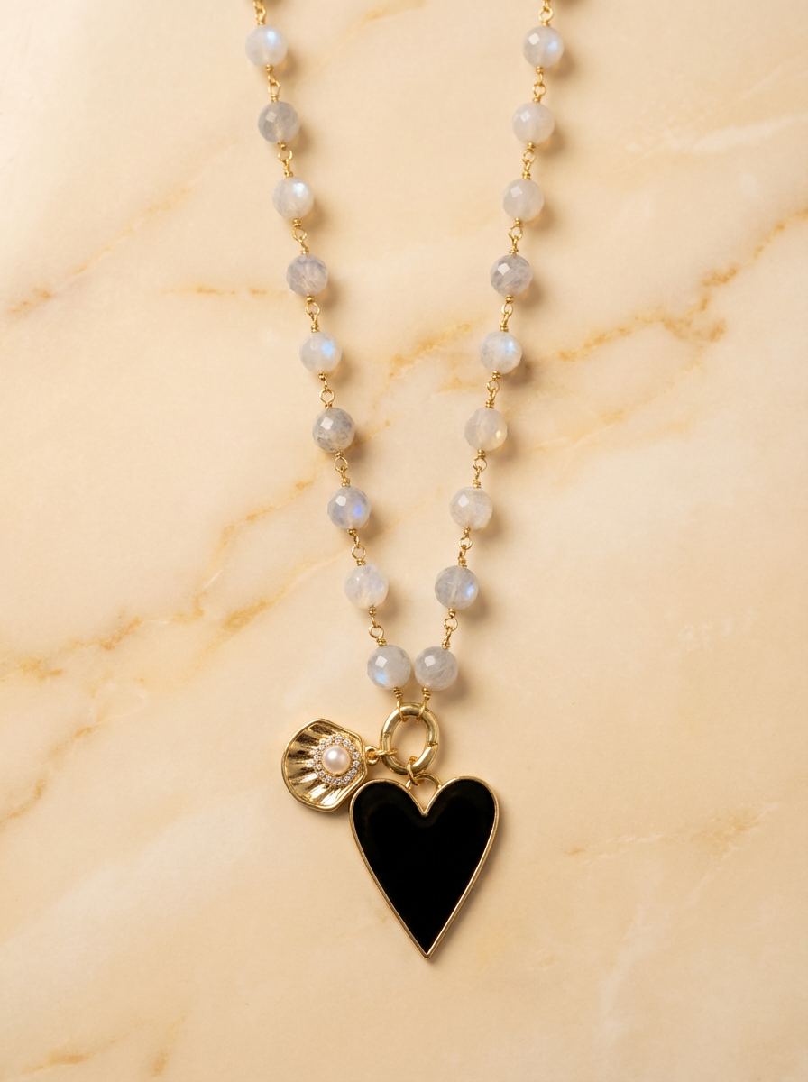 Luna Noir Moonstone & Black Heart Necklace