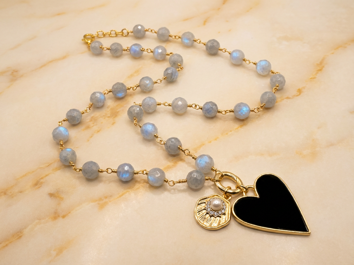Luna Noir Moonstone & Black Heart Necklace