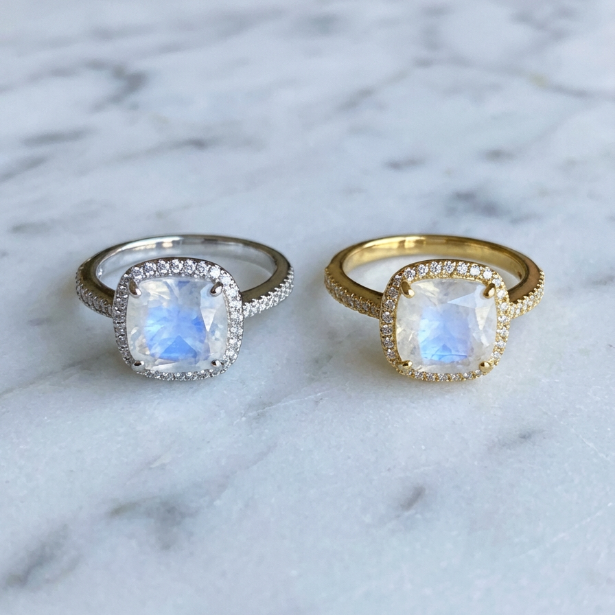 Cushion Moonstone Halo Cocktail Ring
