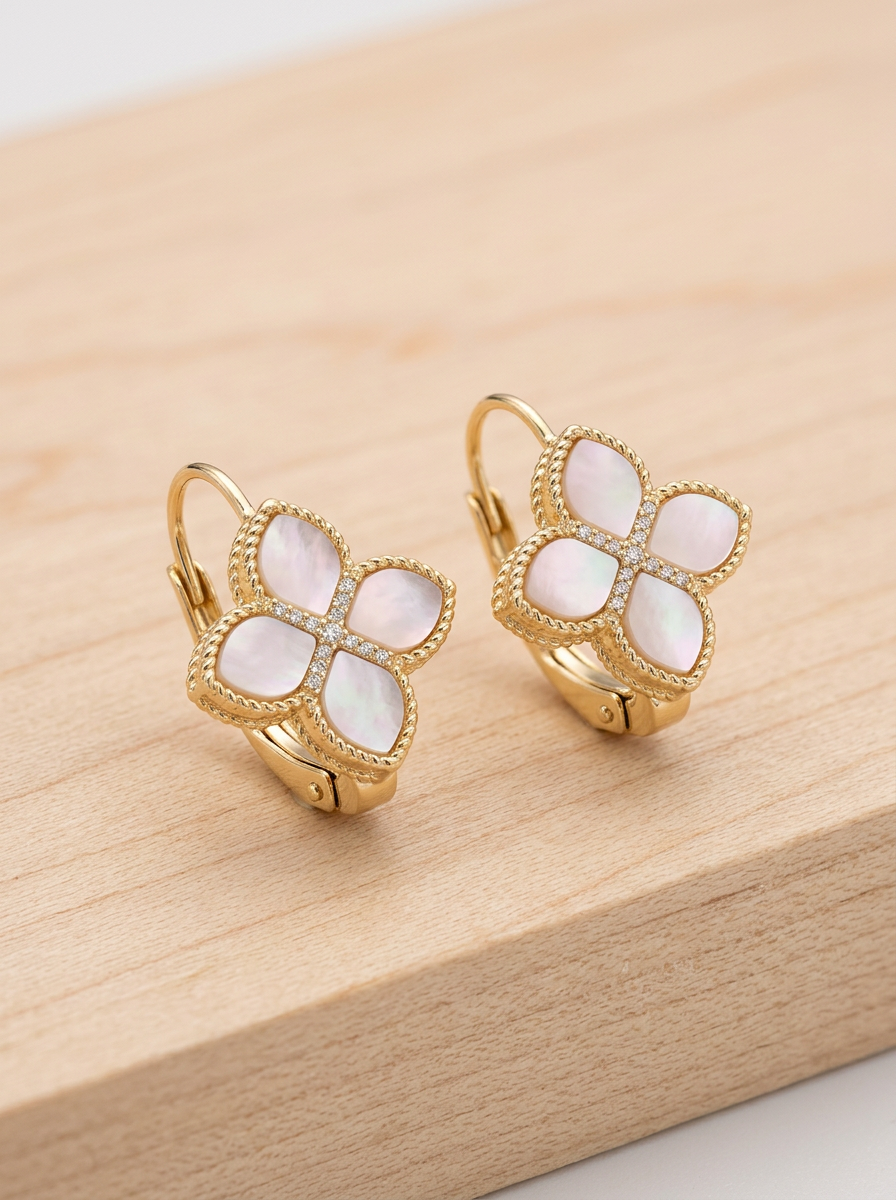 Fleur Nacre Mother of Pearl & Simulated Diamond Quatrefoil Lever-Back Earrings