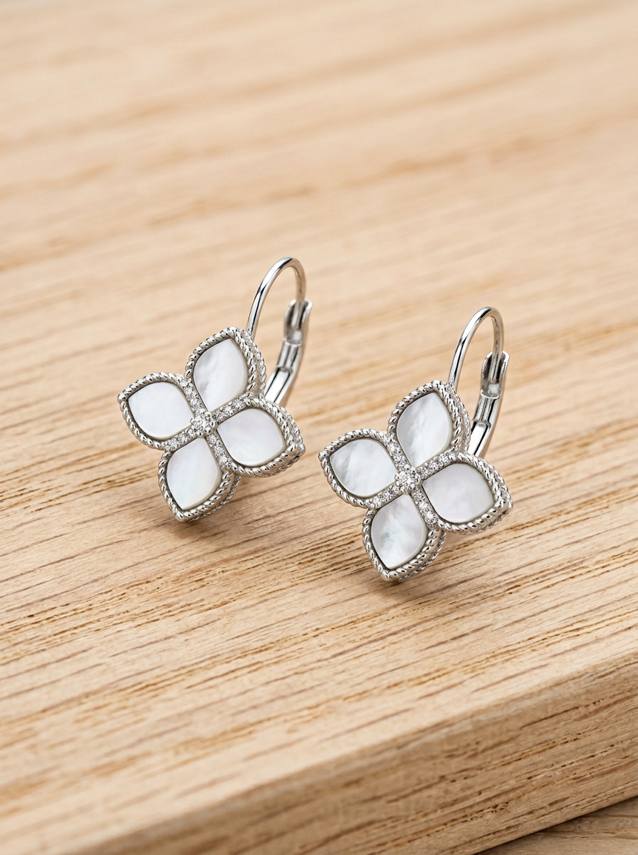 Fleur Nacre Mother of Pearl & Simulated Diamond Quatrefoil Lever-Back Earrings