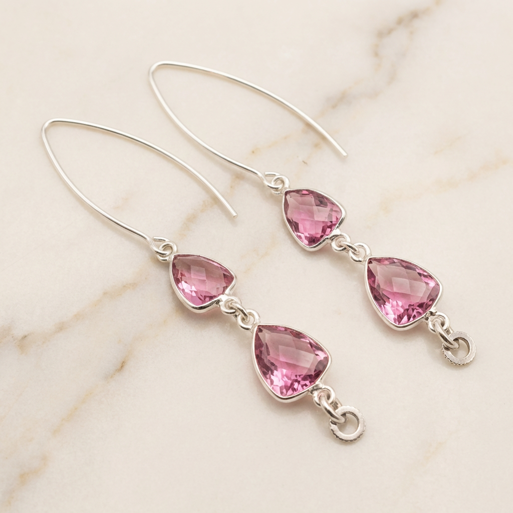 Cascading Morganite Double Drop Sterling Silver Earrings