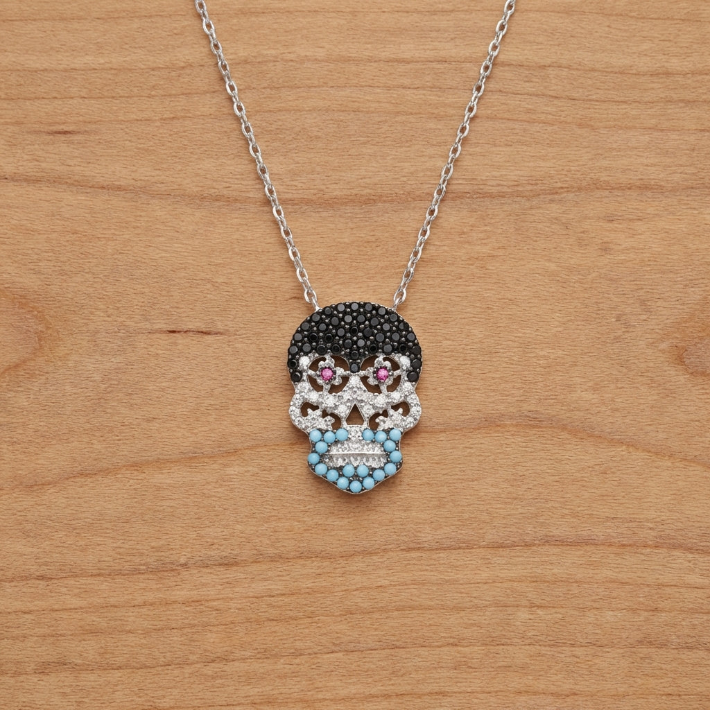 Catrina Multi-Stone Sugar Skull Pendant Necklace