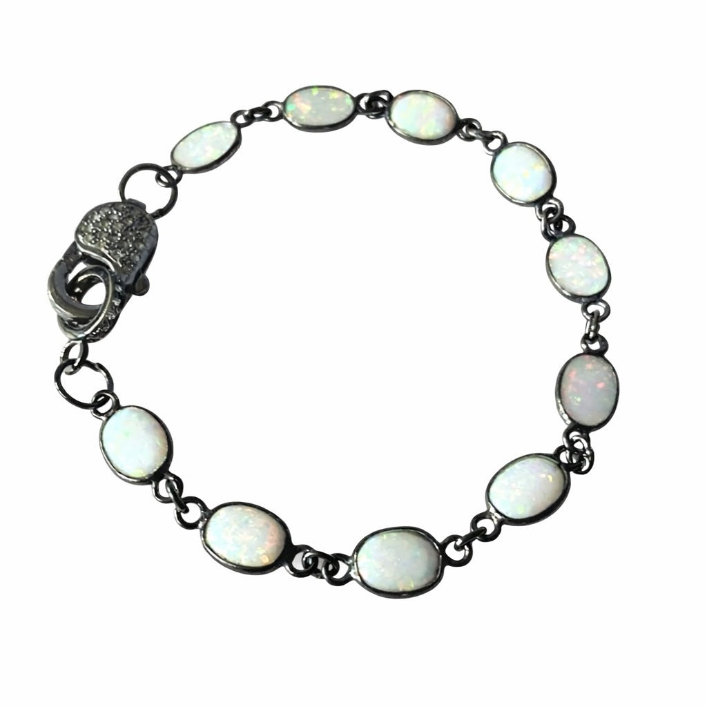 Aurora Fire Ethiopian Opal Tennis Bracelet – Oxidized Silver & Simulated Diamond Clasp