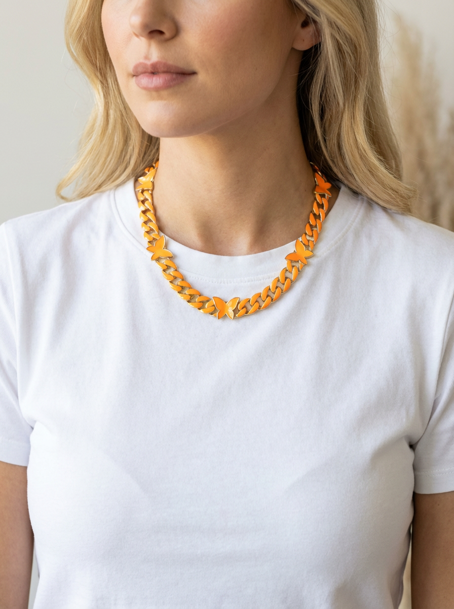 Flutter Enamel Butterfly Cuban Link Chain Necklace