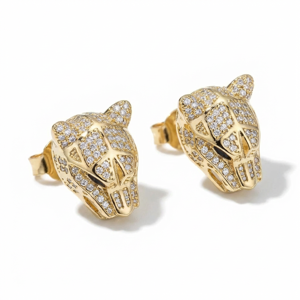 Panther Stud Earrings With Simulated Diamonds