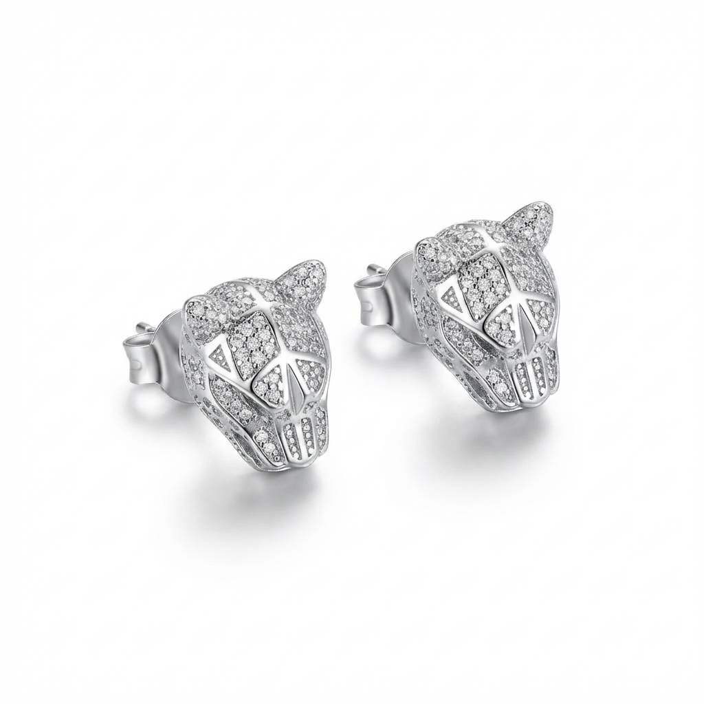 Panther Stud Earrings With Simulated Diamonds