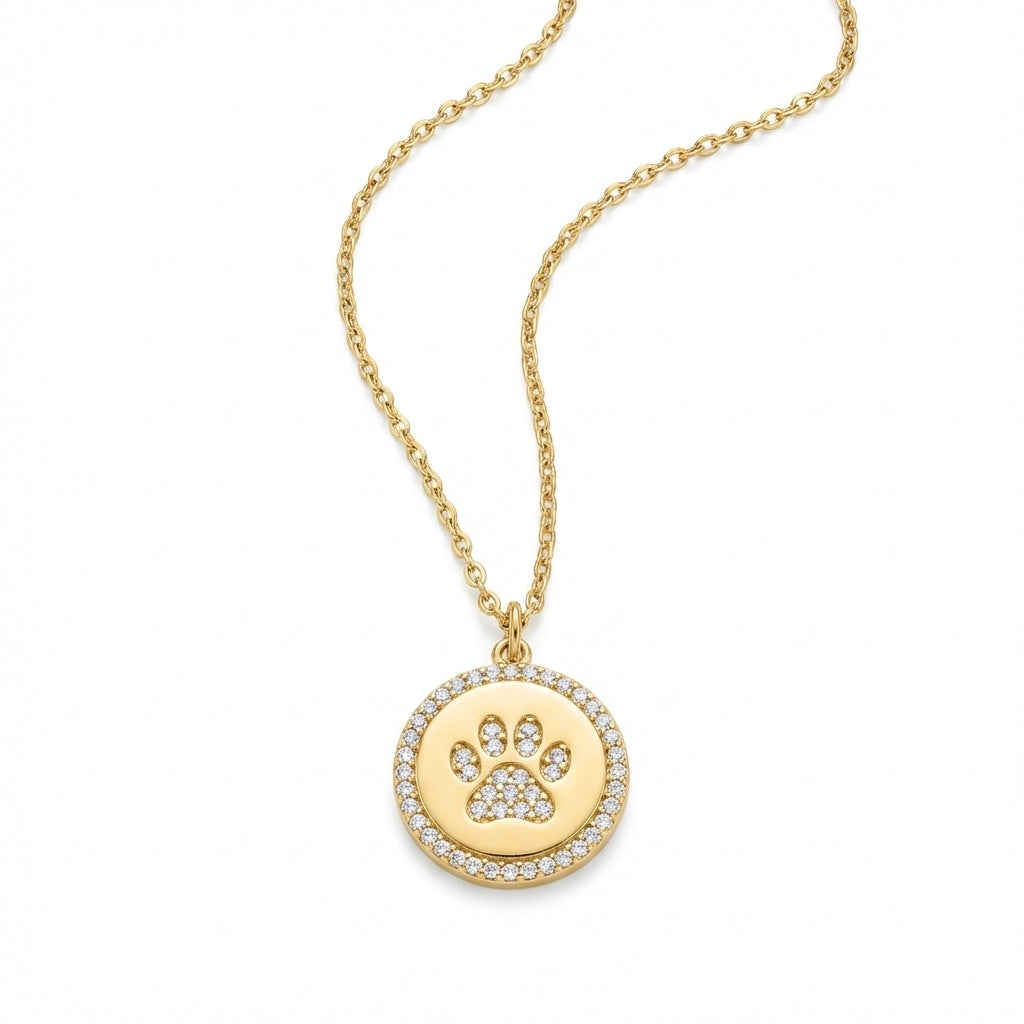 Paw Print Stamped Necklace with White Topaz