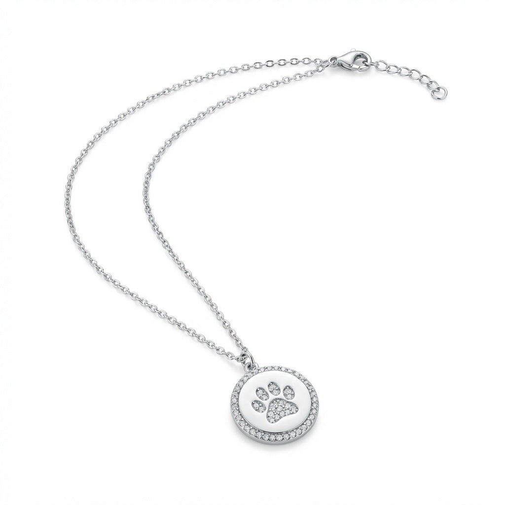 Paw Print Stamped Necklace with White Topaz