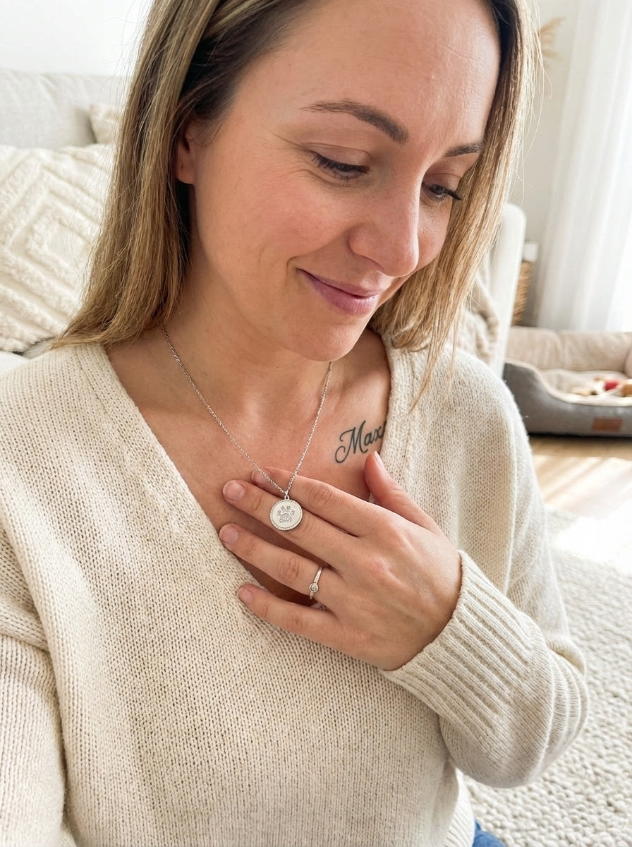Paw Print Stamped Necklace with White Topaz