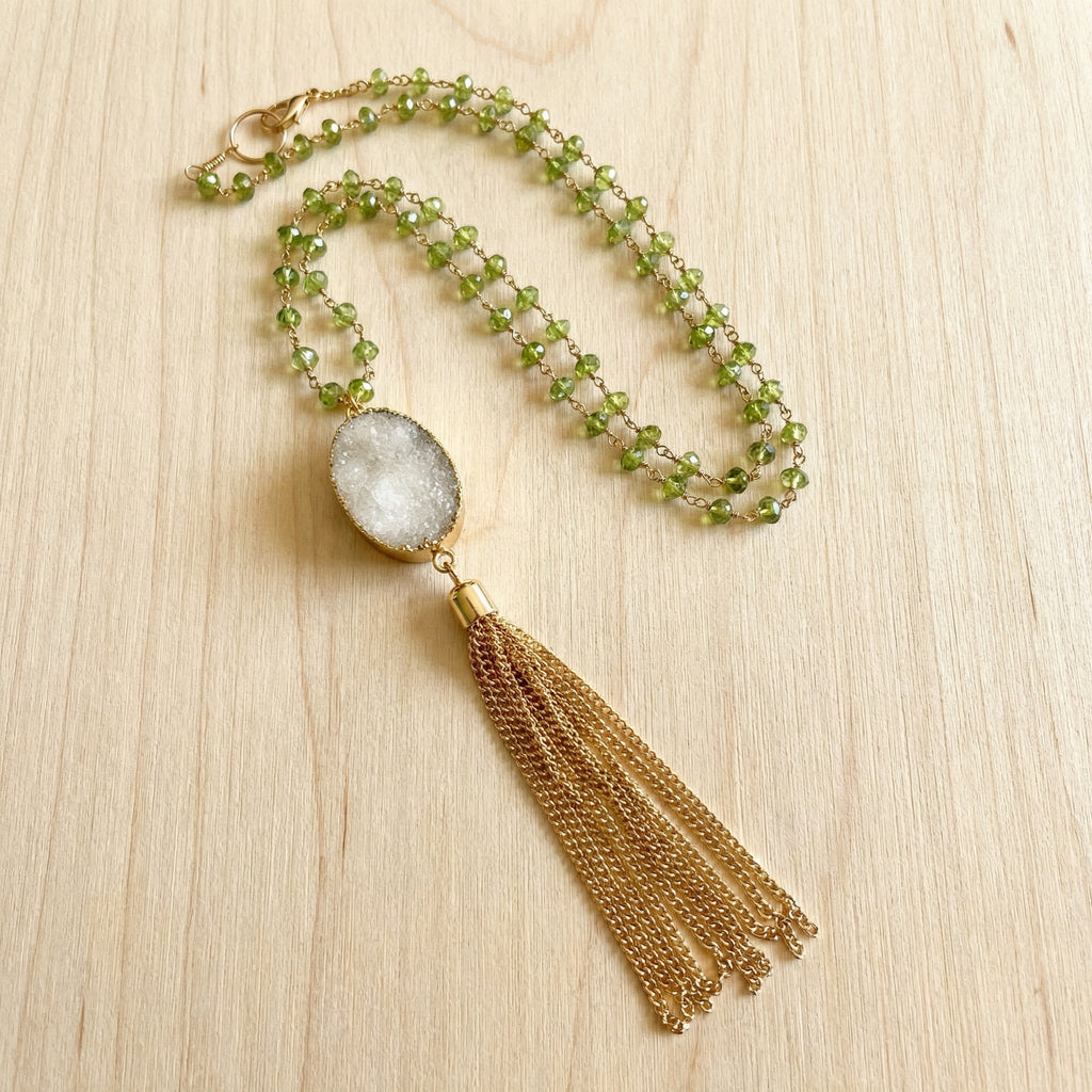 Sunlit Garden Peridot & Druzy Tassel Necklace