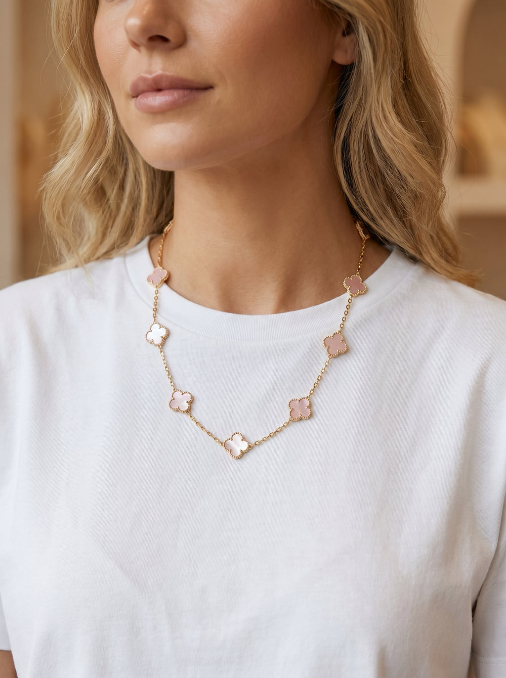 Pink Mother of Pearl Alhambra Stationed Necklace