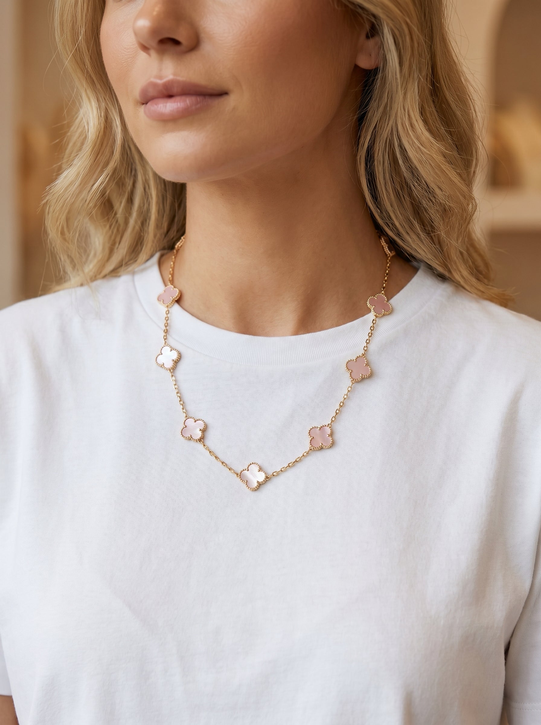 Pink Mother of Pearl Alhambra Stationed Necklace