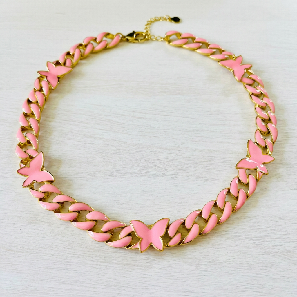 Flutter Enamel Butterfly Cuban Link Chain Necklace